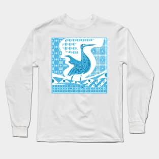 agami heron bird in mexican talavera pattern arts ecopop in sky blue Long Sleeve T-Shirt